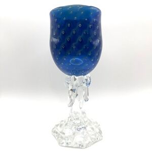 Vintage 87 Signed Studio Art Wine Glass Goblet Blue Bullicante Bubble Fairy